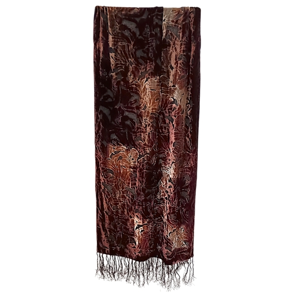 Vtg Silk Velvet Burnout Piano Shawl Scarf Brown Ombre Bohemian Witchy Victorian - Picture 10 of 16